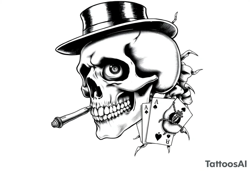 skull with mustache, cigar in his mouth,top-hat on his head and playing cards in his hand. tattoo idea