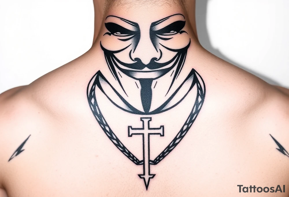 Anonymous hacker mask tattoo black color black hat hacker front neck with a upside down cross tattoo idea