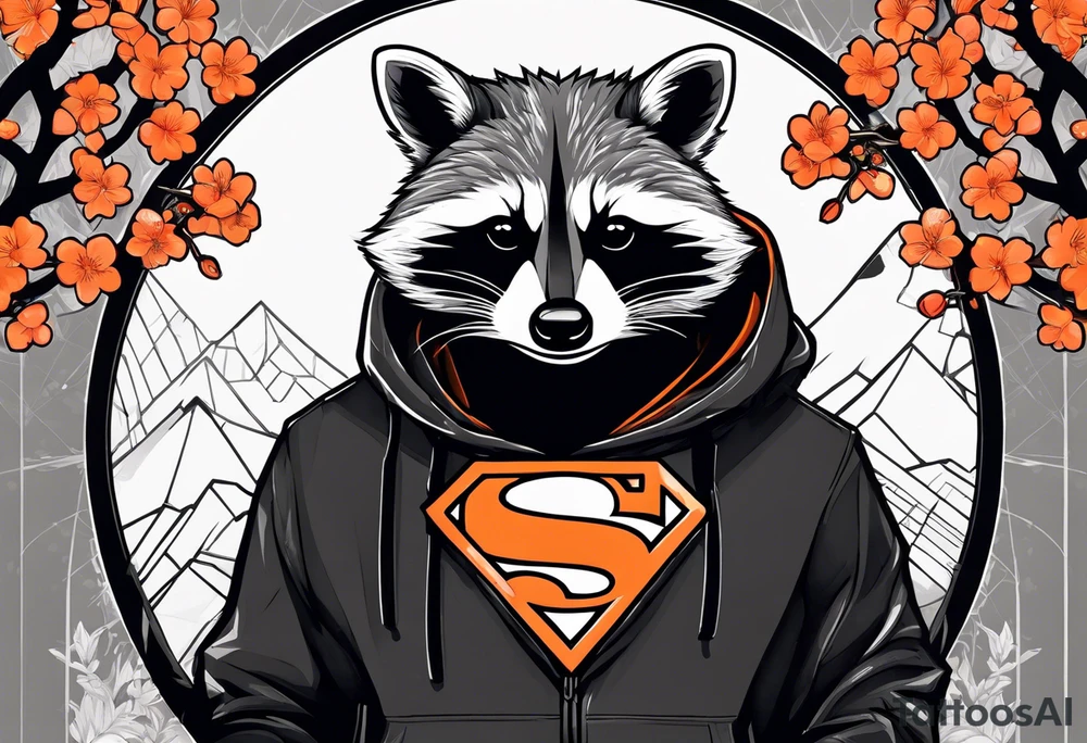 Raccoon wearing a white Superman logo on a black hoodie and orange Japanese cherry blossoms tattoo idea