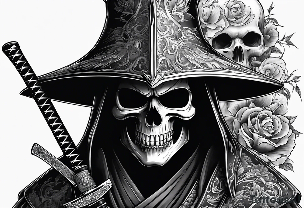 katana with grim reaper and skull tattoo idea