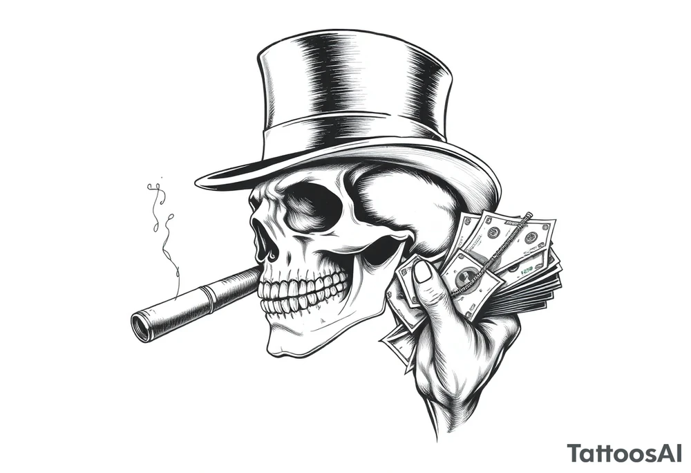 skull with mustache,a big cigar in his mouth,a top-hat on his head and alot of money in a hand. tattoo idea