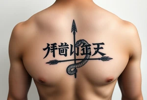 japanese text on chest with arrow and snake tattoo idea