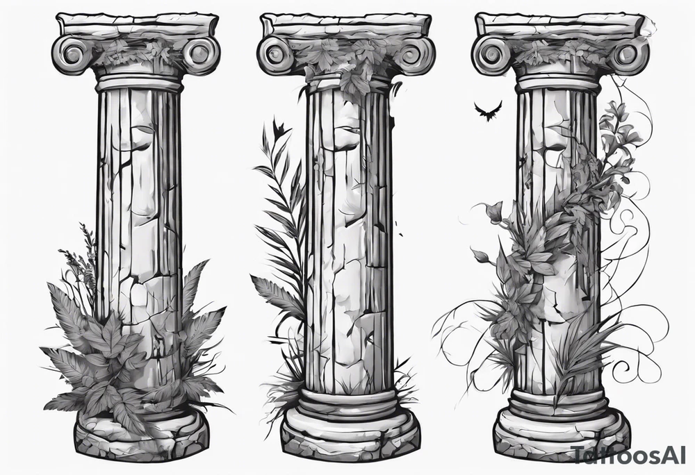 Half of an ancient Roman pillar in the Ionian style. It has a few cracks on it and some overgrown plants at the bottom. tattoo idea