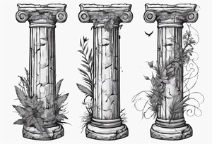 Half of an ancient Roman pillar in the Ionian style. It has a few cracks on it and some overgrown plants at the bottom. tattoo idea