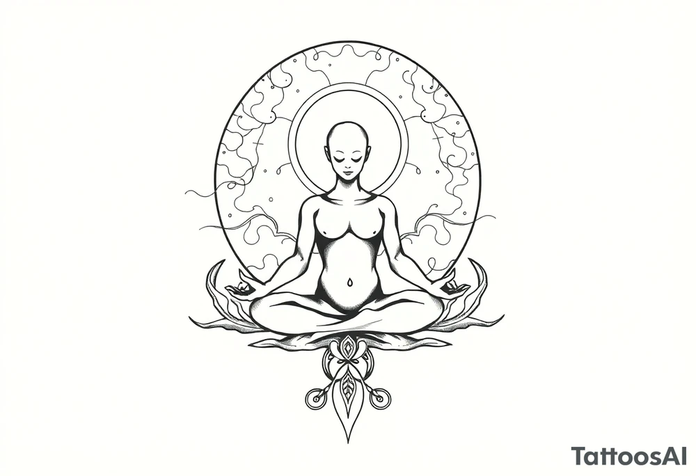 a figure - just a shadow /outline sitting in lotus position meditating based on the lyrics “doing time in the universal mind” by the doors - with a psychedelic trippy background as the meditation expands out from his head into the universe / cosmos tattoo idea