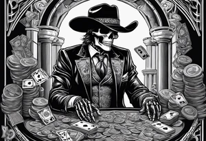 Skeleton in fancy suit, with cowboy hat, sitting at the table, holding poker tokens, lots of cash, large columns in background tattoo idea tattoo idea