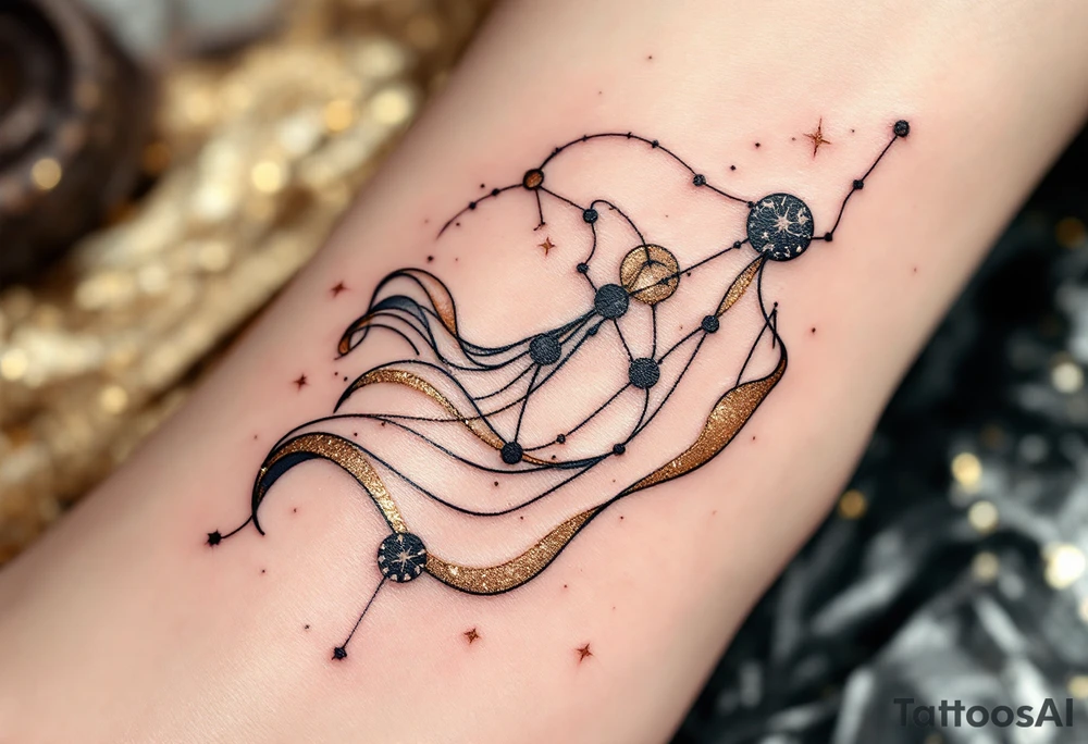 The constellation in champagne gold is integrated into the folds of a flowing robe on a navy-outlined maiden. tattoo idea