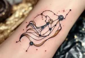 The constellation in champagne gold is integrated into the folds of a flowing robe on a navy-outlined maiden. tattoo idea