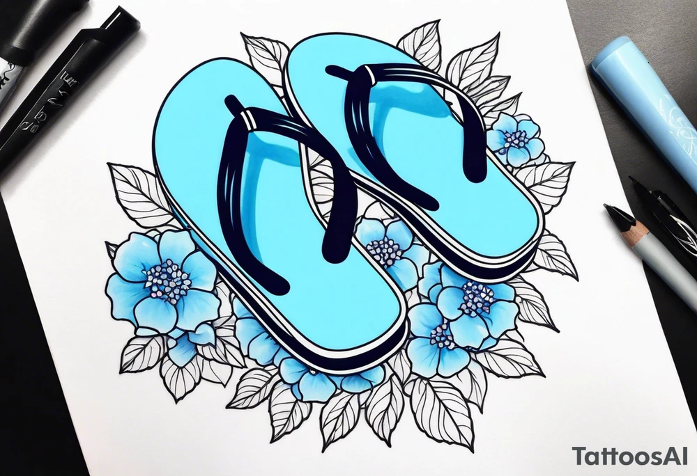 small tattoo of a light blue flip flop surrounded by blue hydrangea flowers tattoo idea