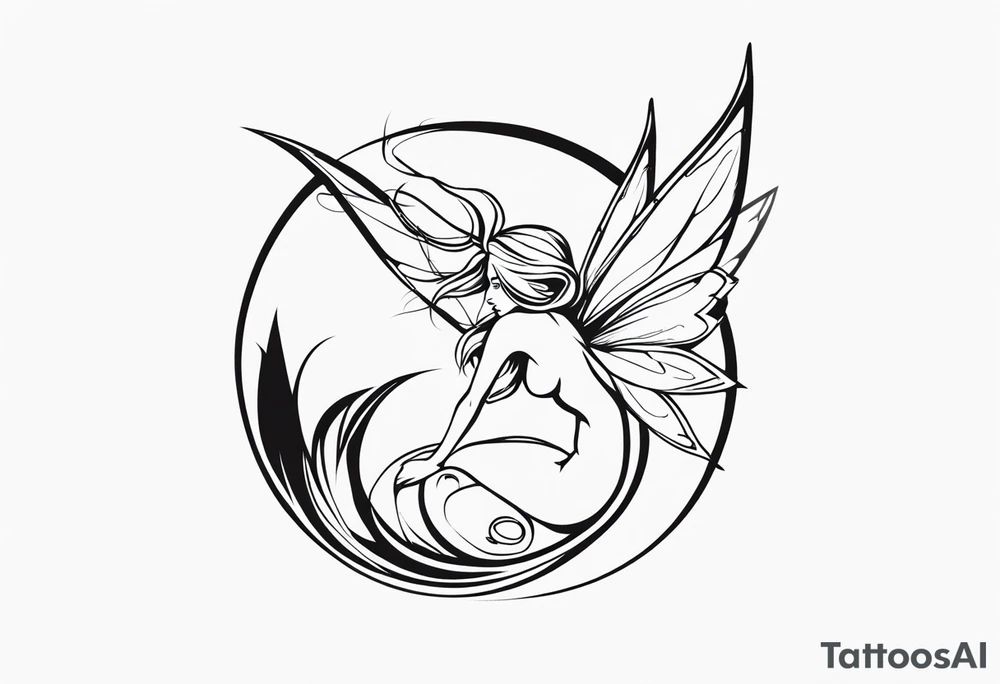 No color fairy with a tail inspired by the logo of the anime show called Fairy Tail in a fetal position leaning in and forward while in the air floating and sleeping tattoo idea