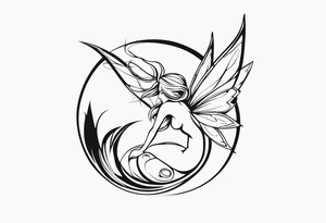No color fairy with a tail inspired by the logo of the anime show called Fairy Tail in a fetal position leaning in and forward while in the air floating and sleeping tattoo idea