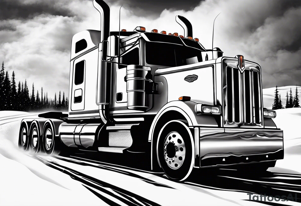 Peterbuilt 389 driving through the snow with orange light striking behind it tattoo idea