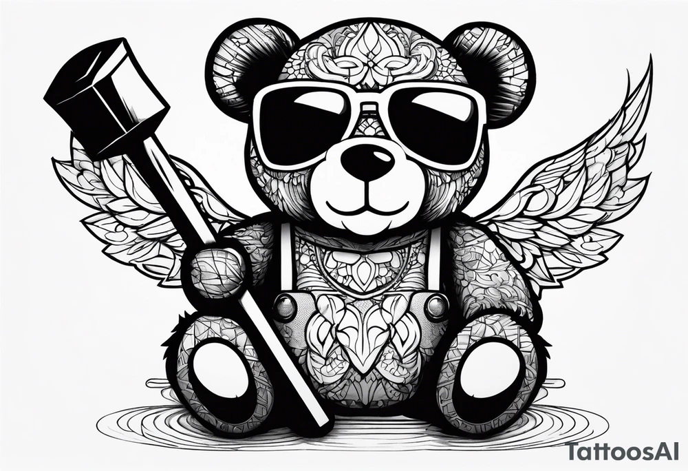 Teddy bear with wings wearing big sunglasses holding a sledgehammer tattoo idea