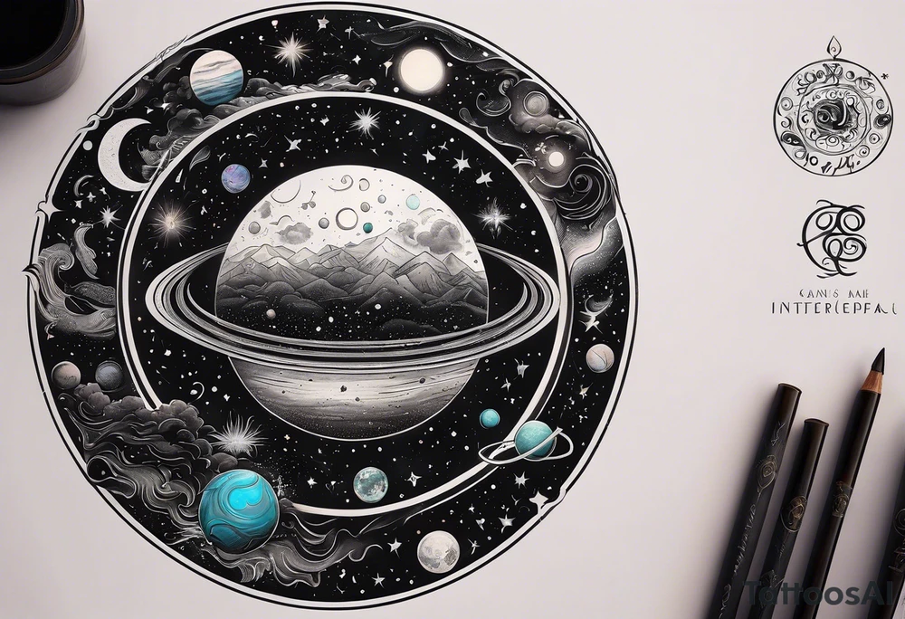 A tattoo featuring a cosmic scene with planets, black holes, and supernovae intertwined with intricate linguistic symbols, reflecting the client's interests in cosmology and linguistics. tattoo idea