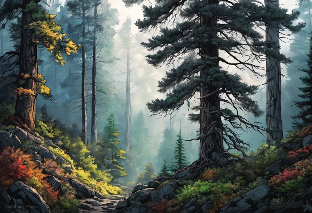 Forest trees smoke tattoo idea