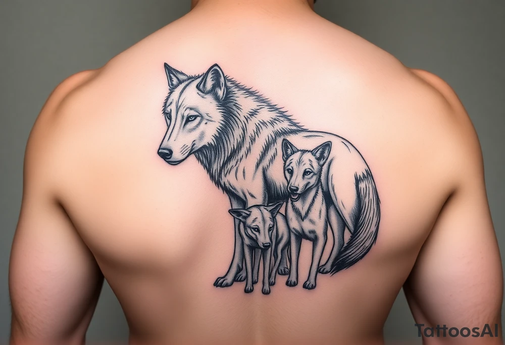 A solitary yet sublime and noble wolf and its progeny. tattoo idea