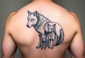 A solitary yet sublime and noble wolf and its progeny. tattoo idea