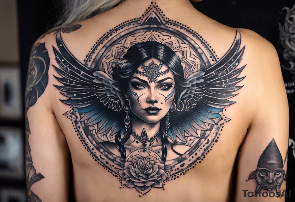 black kali, goddess pirate, alien, angel, pachamama, valkrye, warrior, flying, skull, lotus azul, wing, eagle, zenza resonance, stars, 5D, anahata chakra, death, durga, riding on a tiger, flying lady, chest tatoo tattoo idea