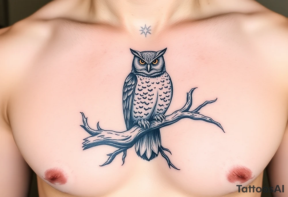 wise owl perched on ancient oak branch under starlit sky tattoo idea