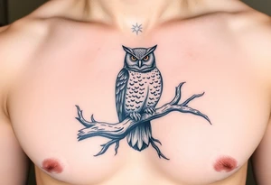 wise owl perched on ancient oak branch under starlit sky tattoo idea