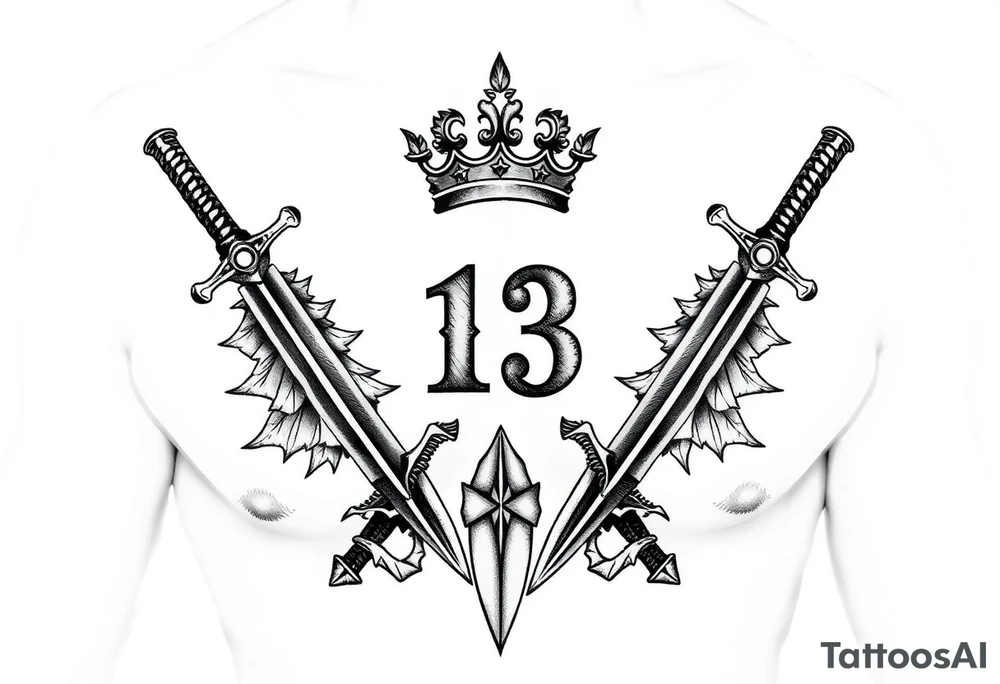 Family crest from Ireland with the Number 13, The Toledo Mudhens Baseball Team, And Demonic And Midevel dagger Featurs Made Into a full chest tattoo tattoo idea