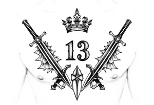 Family crest from Ireland with the Number 13, The Toledo Mudhens Baseball Team, And Demonic And Midevel dagger Featurs Made Into a full chest tattoo tattoo idea