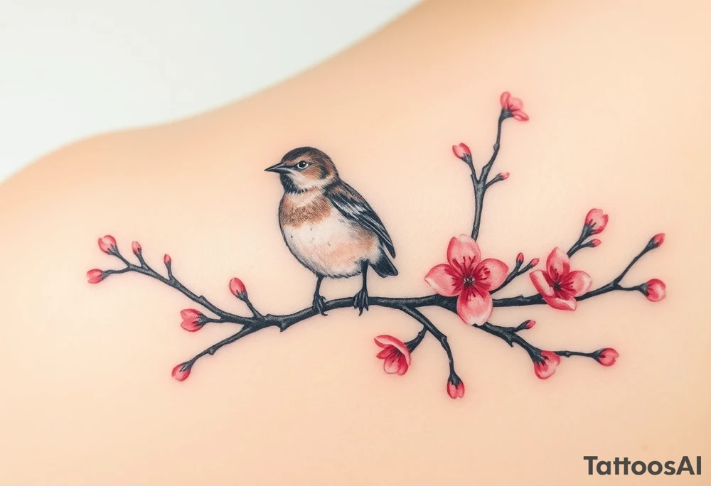 Standing on a plum blossom branch, there is a small sparrow in an ink painting with freehand brushwork and blank space tattoo idea