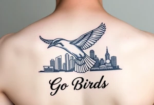 Philadelphia Classic bird flying over Philadelphia city skyline with Go Birds written under it tattoo idea