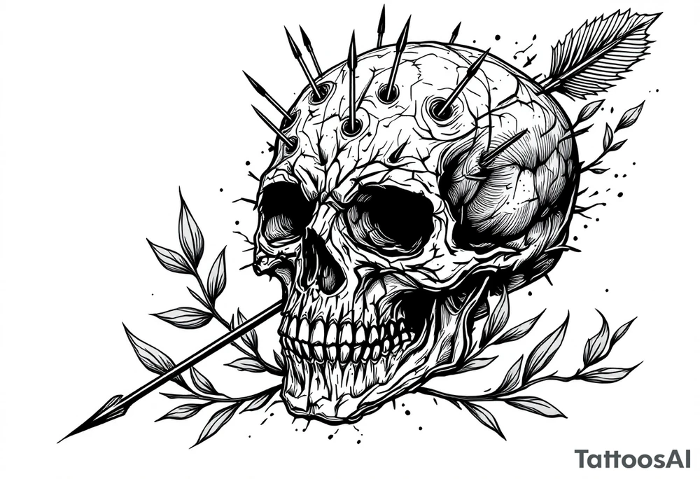 a skull whose head  be pierced by needles and under the head come out an  arrow and surrounded  by two olive tree leaf around tattoo idea