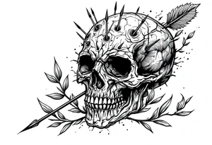 a skull whose head  be pierced by needles and under the head come out an  arrow and surrounded  by two olive tree leaf around tattoo idea