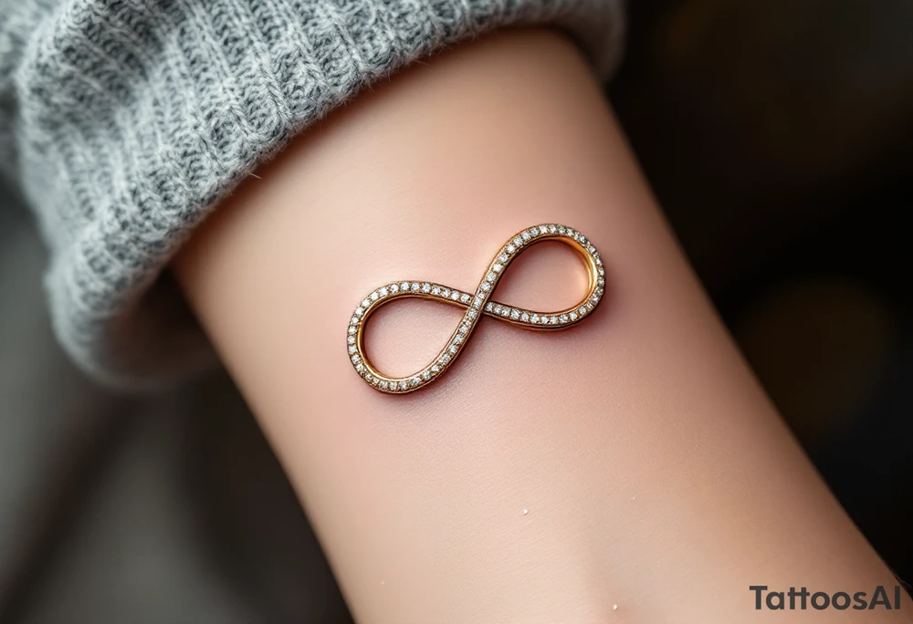 An infinity symbol made of two interlocking wedding bands, shaded in gold and platinum, with tiny diamond sparkles. tattoo idea