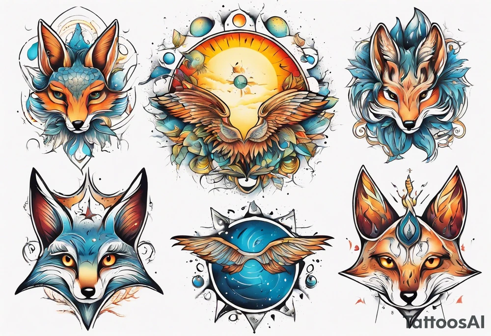 fisch, fuchs und eule , symetrie  sonne, universum, bunt tattoo idea