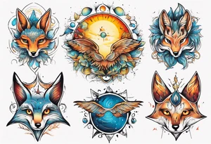 fisch, fuchs und eule , symetrie  sonne, universum, bunt tattoo idea