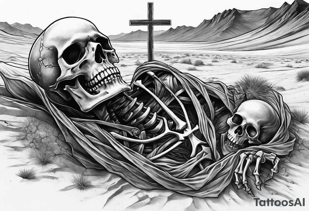 skeleton crawling towards a cross in a desert tattoo idea