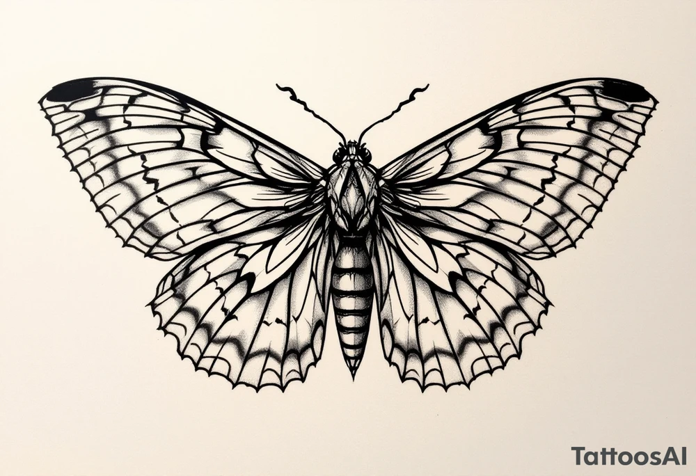 A delicate moth with intricately patterned wings. The wings are outlined in fine black ink in old chool style tattoo idea