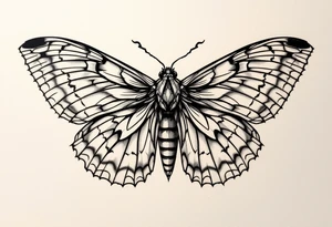 A delicate moth with intricately patterned wings. The wings are outlined in fine black ink in old chool style tattoo idea