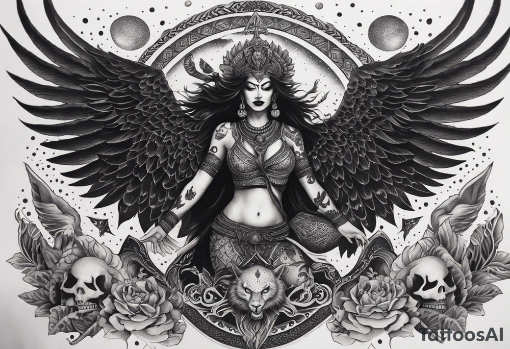 black kali, goddess pirate, alien, angel, pachamama, valkrye, warrior, flying, skull, lotus azul, wing, eagle, zenza resonance, stars, 5D, anahata chakra, death, durga, riding on a tiger, flying lady, kundalini, chest tatoo, rebel tattoo idea