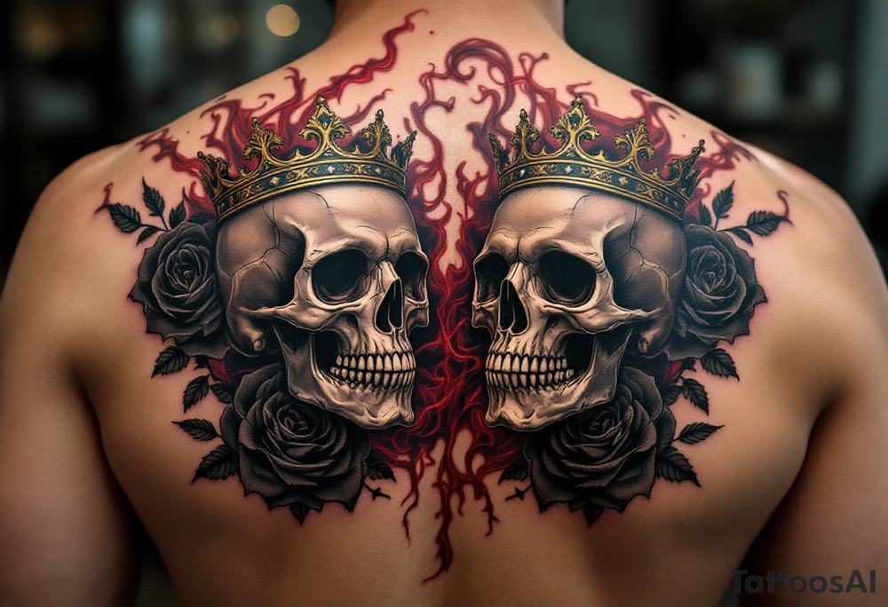 A pair of crowned skulls surrounded by black roses and crimson smoke. tattoo idea