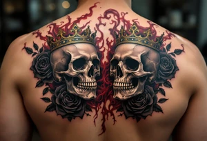A pair of crowned skulls surrounded by black roses and crimson smoke. tattoo idea