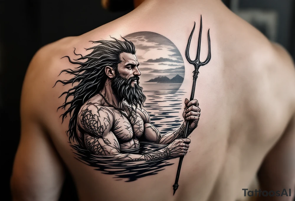 young, happy, fit poseidon in calm water, holding a trident, drinking a beer, with sunset tattoo idea