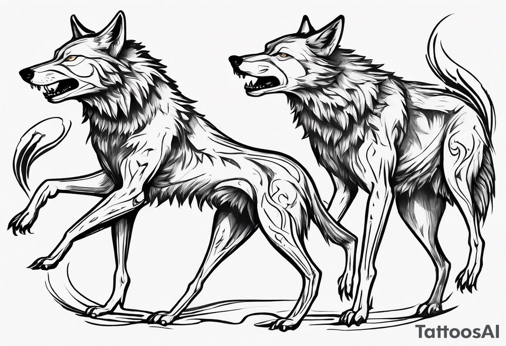 stick figures of two wolves dancing on their hind legs. tattoo idea