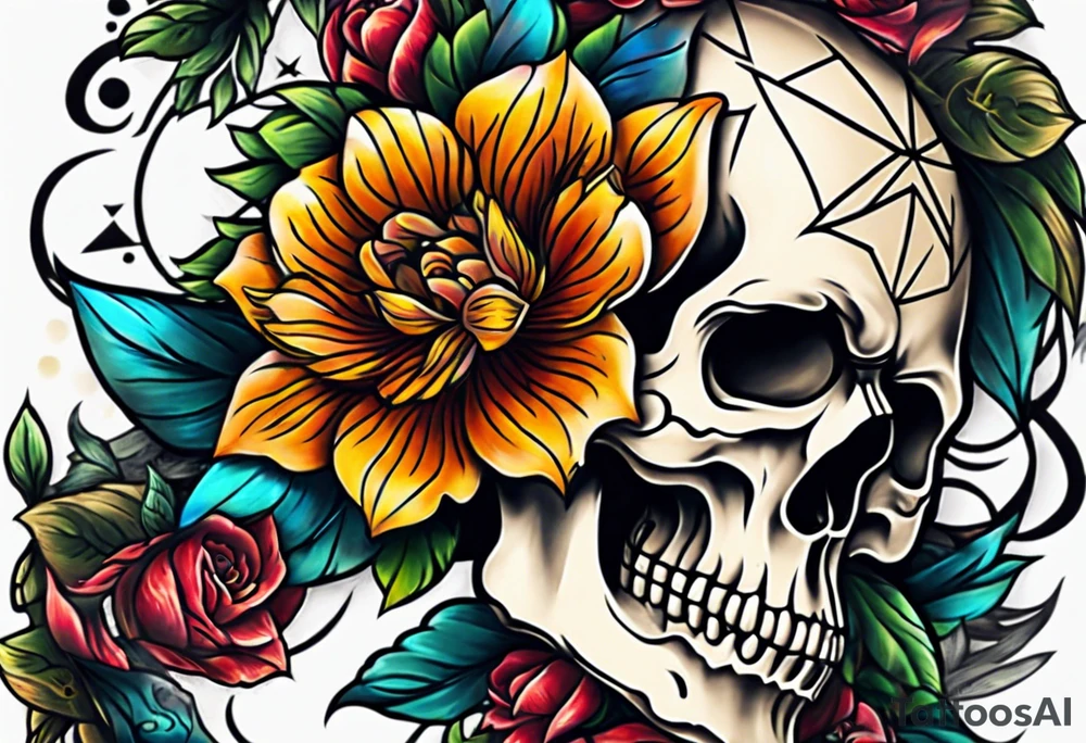 Old school center Knee tattoo with realistic skull, various flowers, water and fall colors tattoo idea