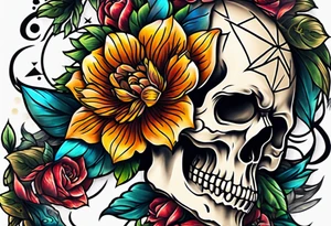 Old school center Knee tattoo with realistic skull, various flowers, water and fall colors tattoo idea