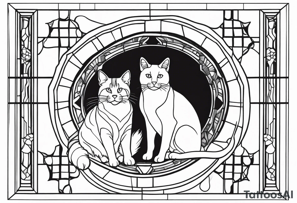 dog and cat sitting on floor and looking out octagonal window together tattoo idea