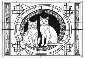 dog and cat sitting on floor and looking out octagonal window together tattoo idea