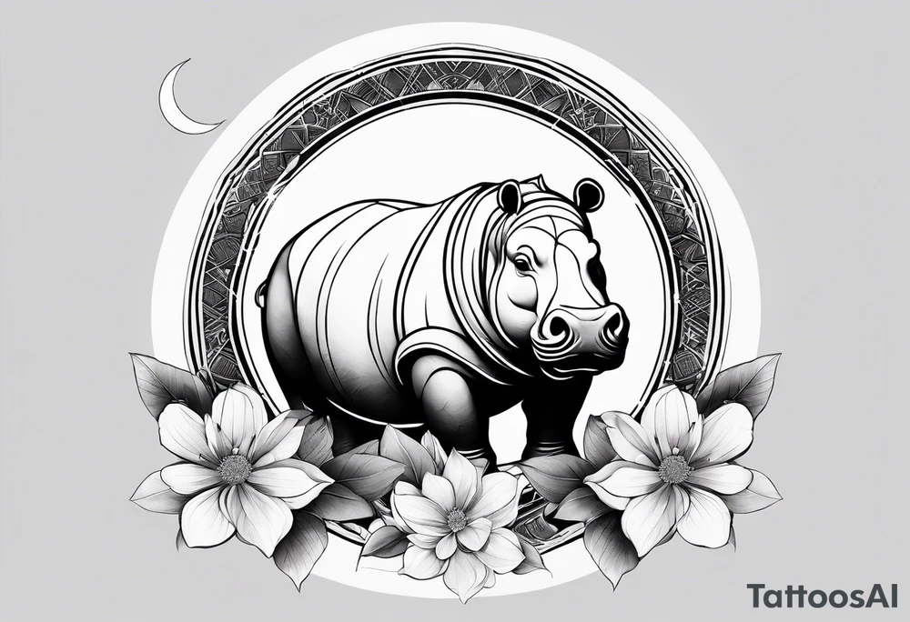 Very asymmetrical, +geometric pattern, with realistic full moon, with seeious looking hippo, +zen feel, + Buddhism touch, +tribal, +geometric
with wintersweet flower bud, +portrait orientation, +inkart touch, tattoo idea
