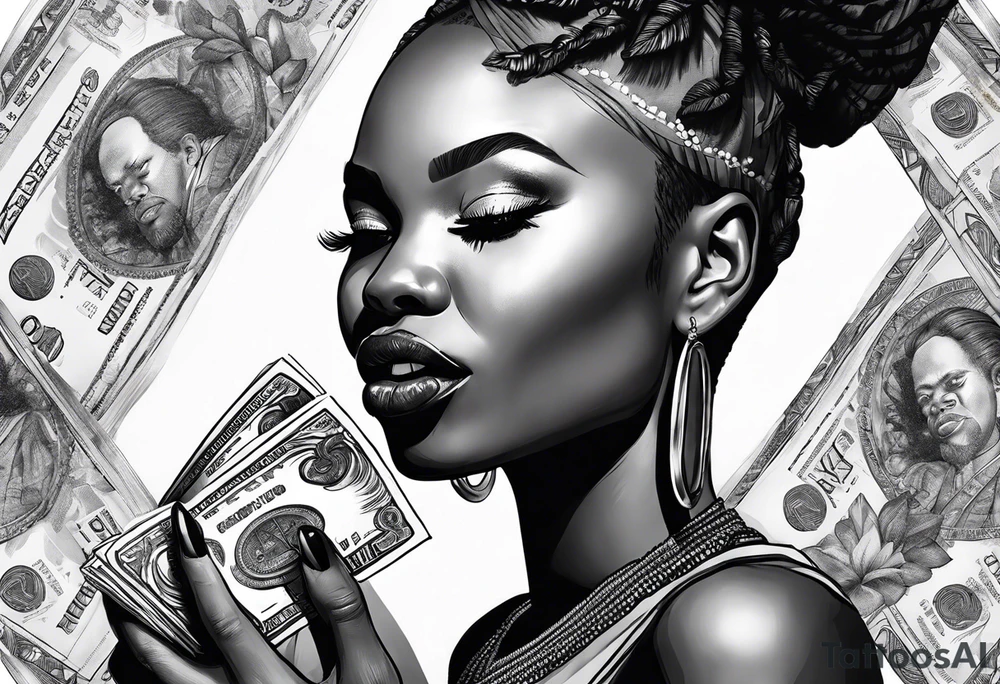african woman biting money tattoo idea