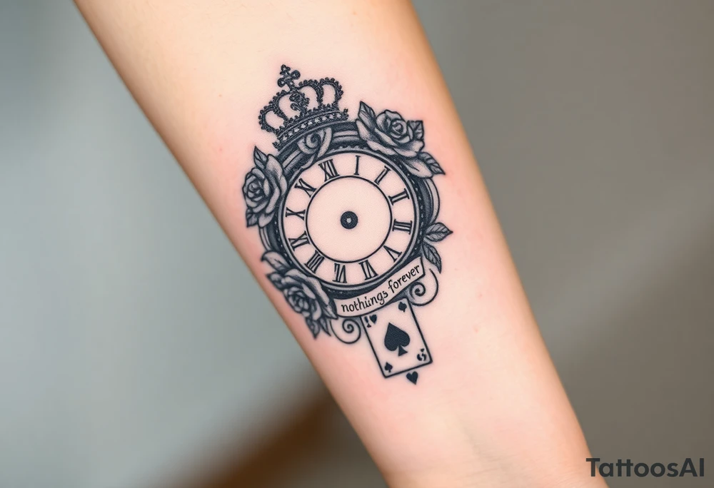 Roman clock with roses and a crown,  a quote that says nothings forever. and on the bottom a deck of cards tattoo idea