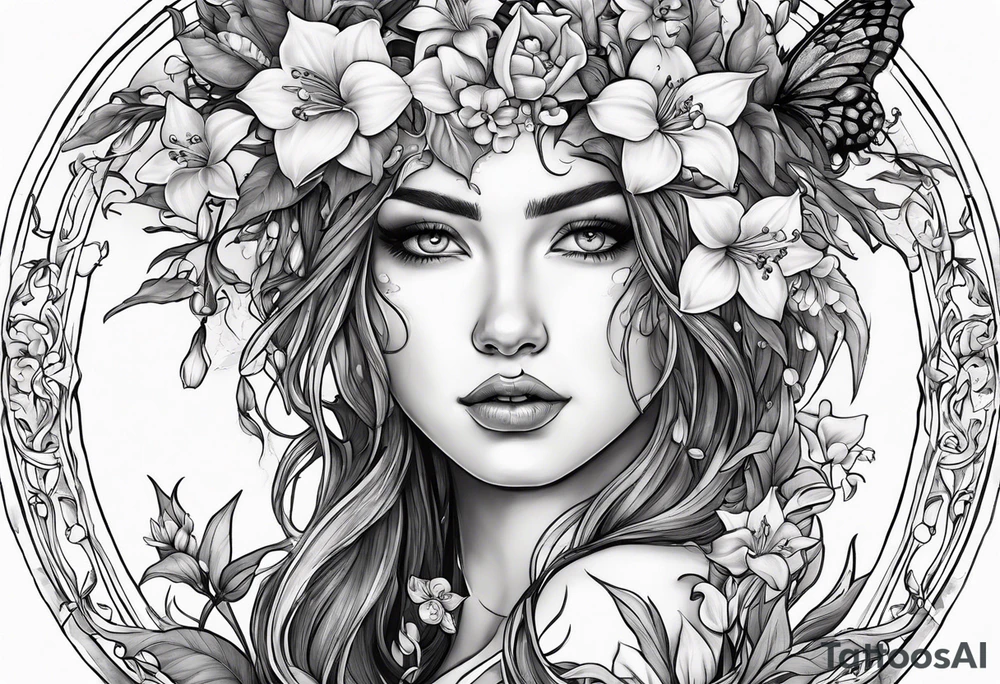 "All the Things. Everywhere." Surrounded by vines and Lilly of the Valley and Larkspur flowers tattoo idea