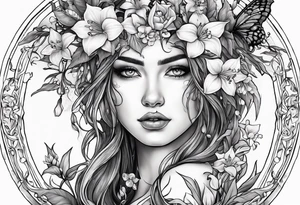 "All the Things. Everywhere." Surrounded by vines and Lilly of the Valley and Larkspur flowers tattoo idea